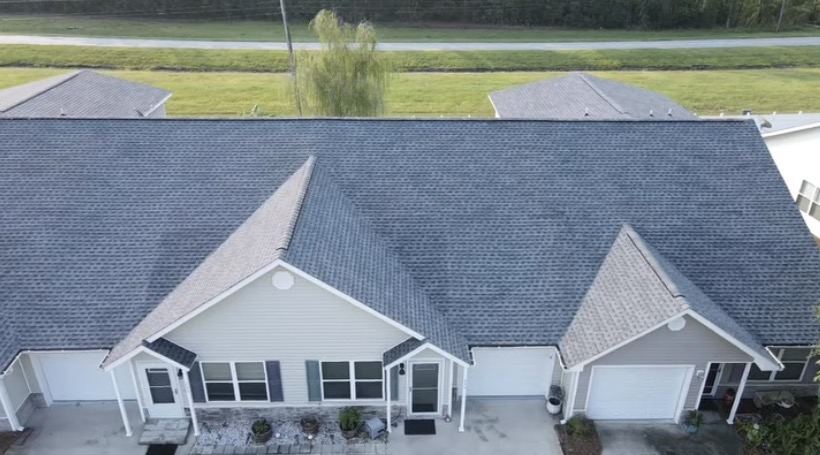 Finished shingle roof on a Georgia home, drone view